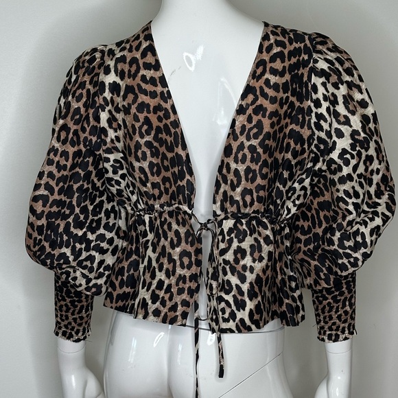 GANNI Cedar Tie Back Leopard Print Puff Sleeve Top Linen and Silk  SZ 38 - Picture 3 of 11